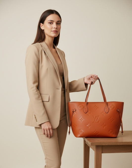 Dubai Imported Louis Vuitton Neverfull MM Cognac Empreinte Leather Tote Bag – Luxury Designer Handbag for Women